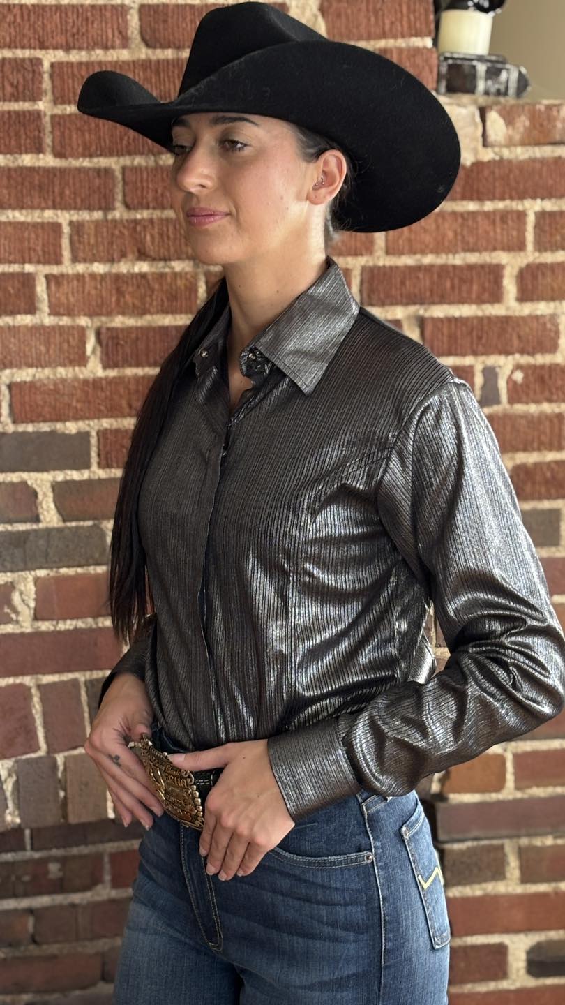 Metallic Conceal ZIp Shirt - Black