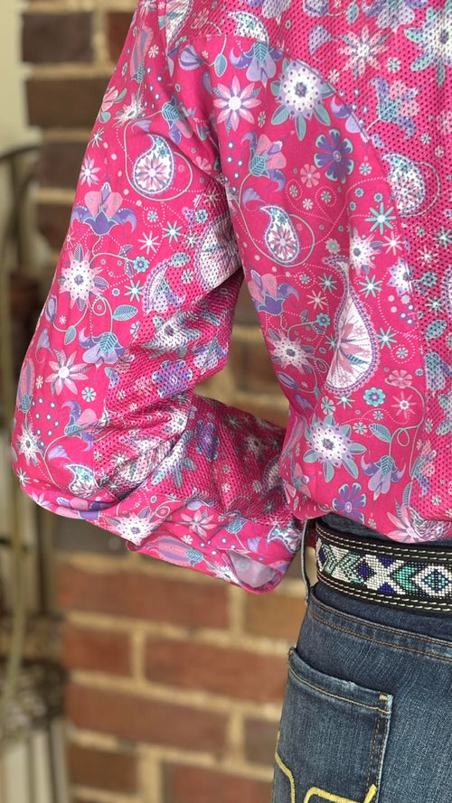 Blush Bloom Easy Care Button Up with Mesh