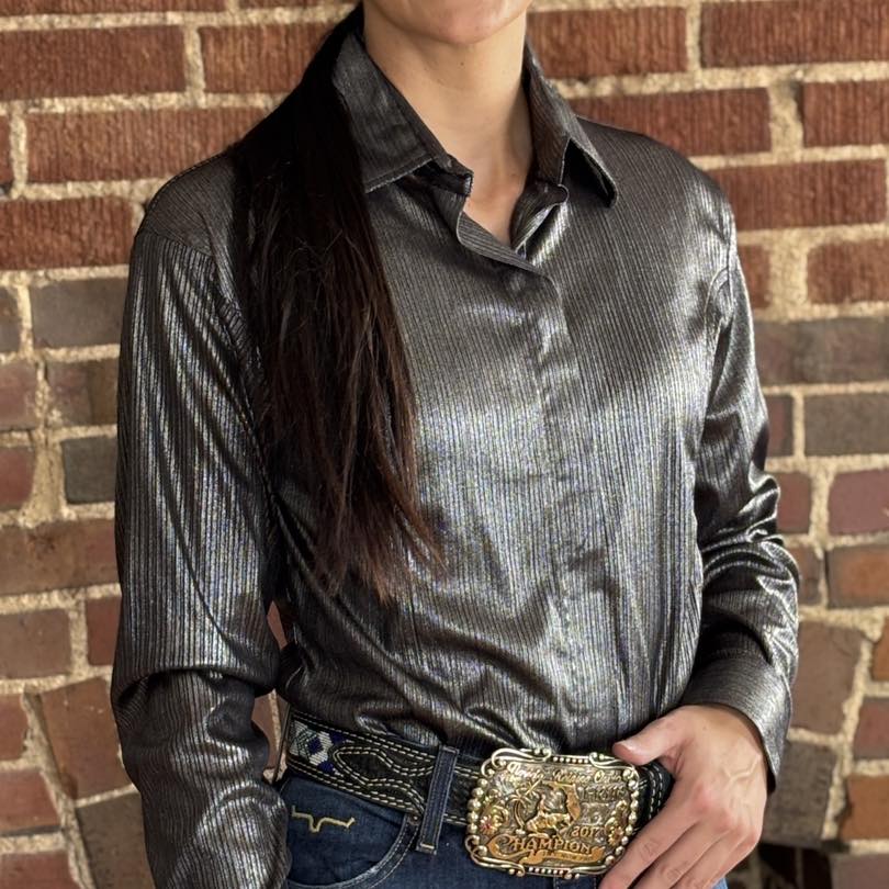 Metallic Conceal ZIp Shirt - Black