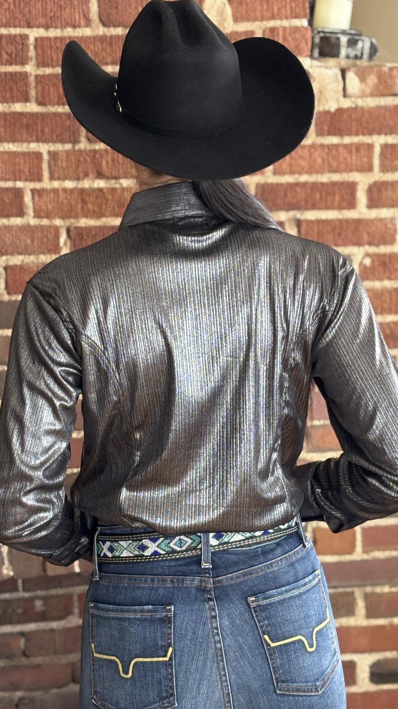 Metallic Conceal ZIp Shirt - Black