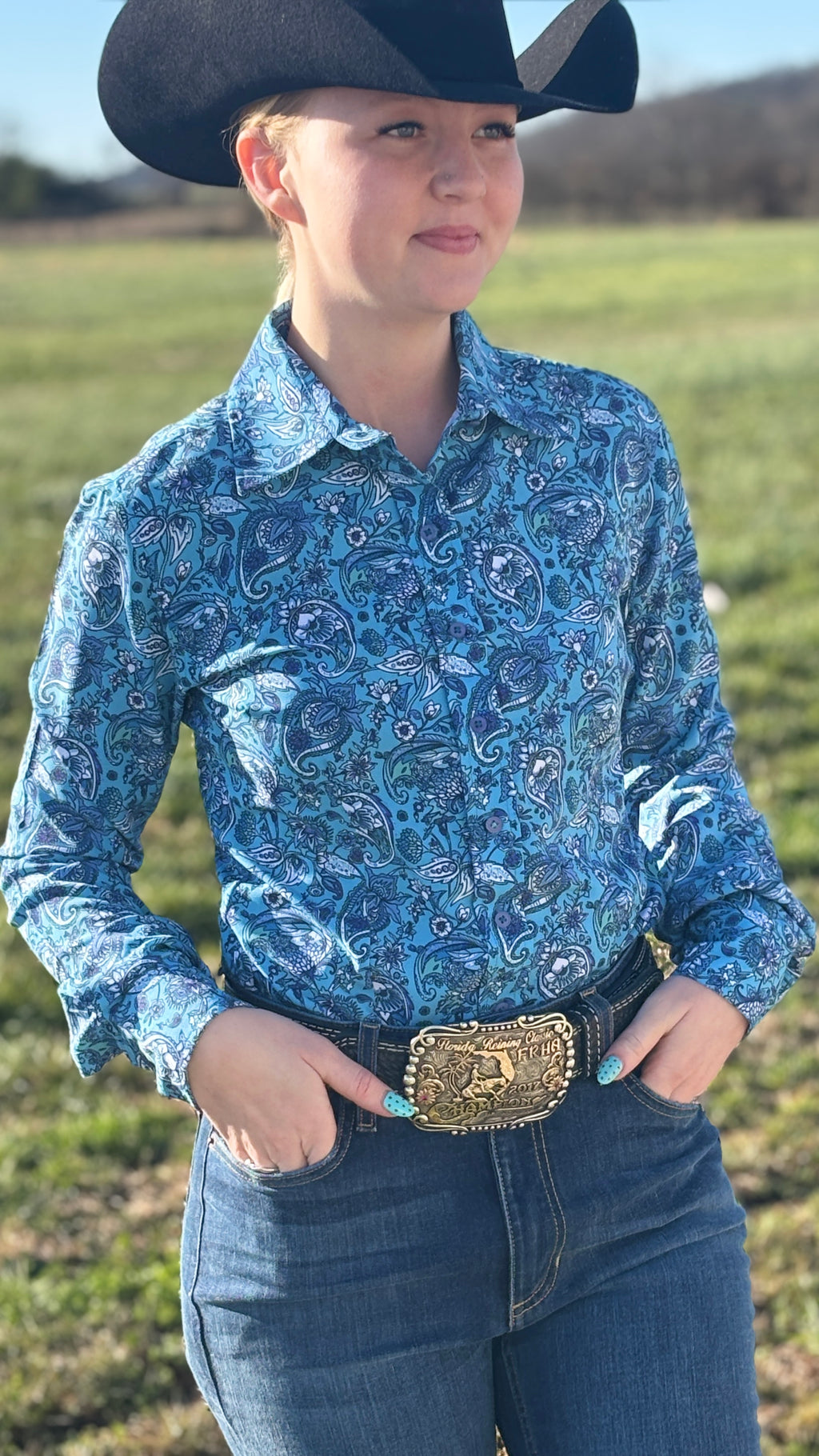 Blue Petals Easy Care Button Up