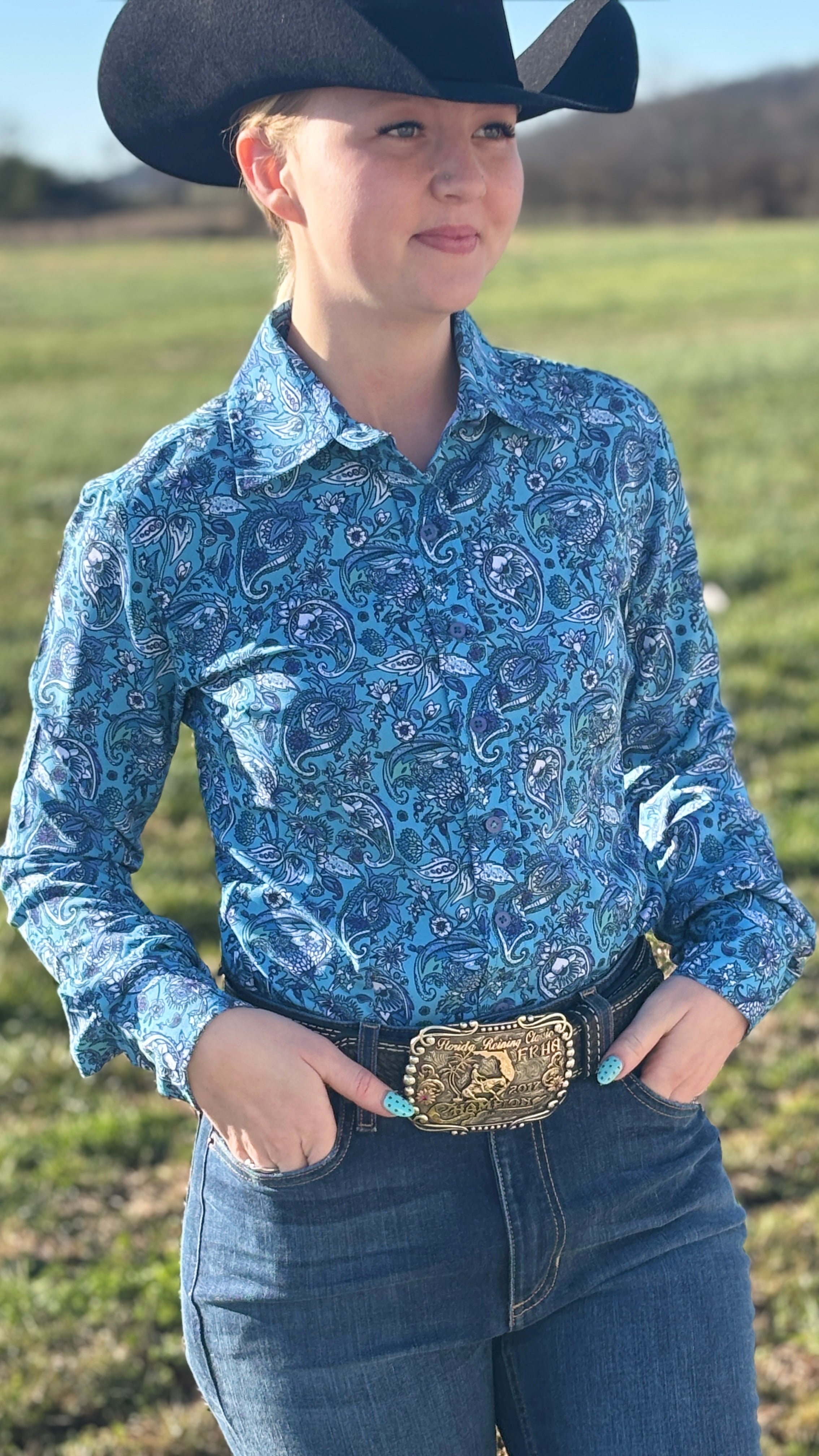 Blue Petals Easy Care Button Up