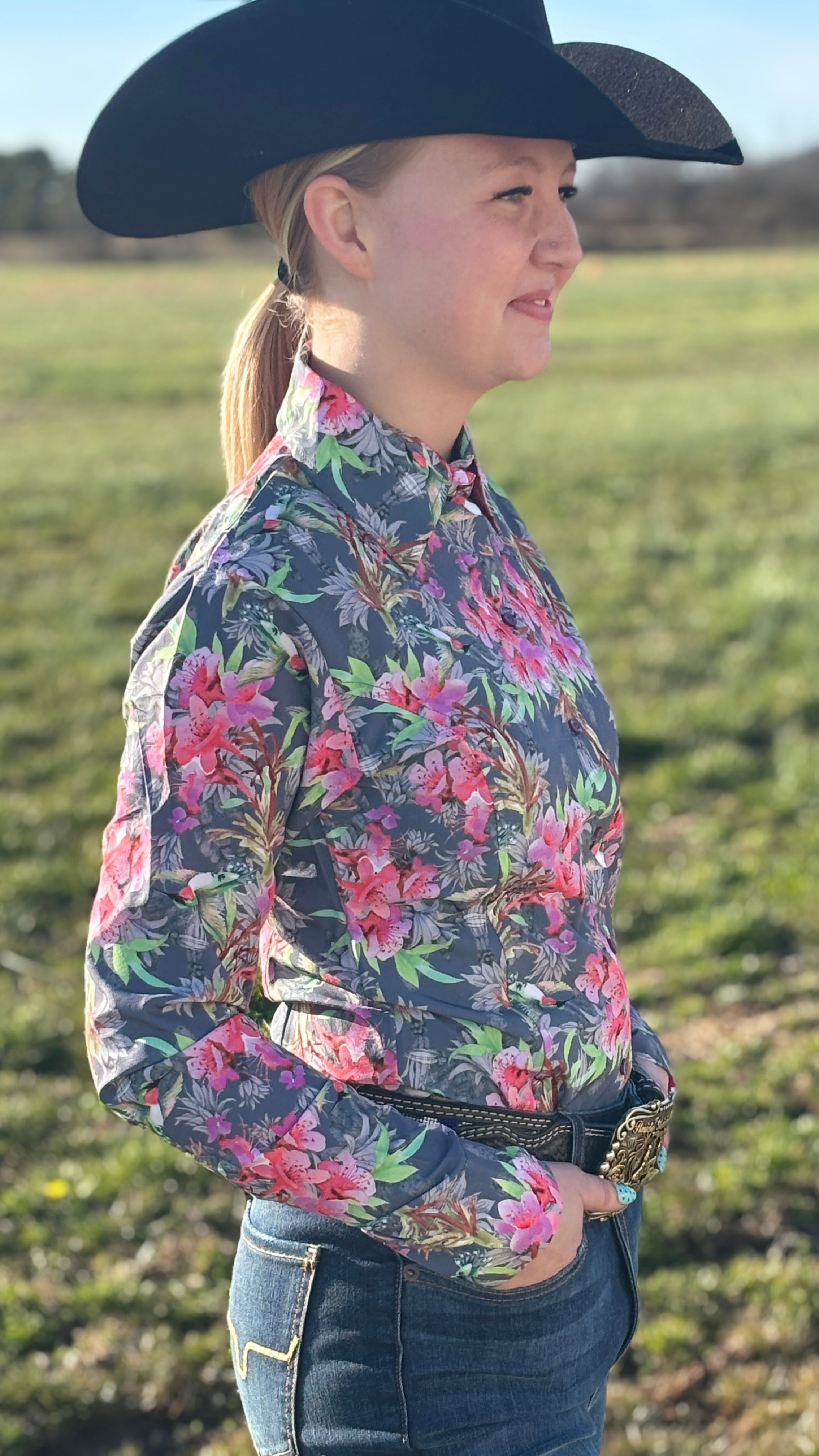 Lillies & Hummingbirds Easy Care Button Up