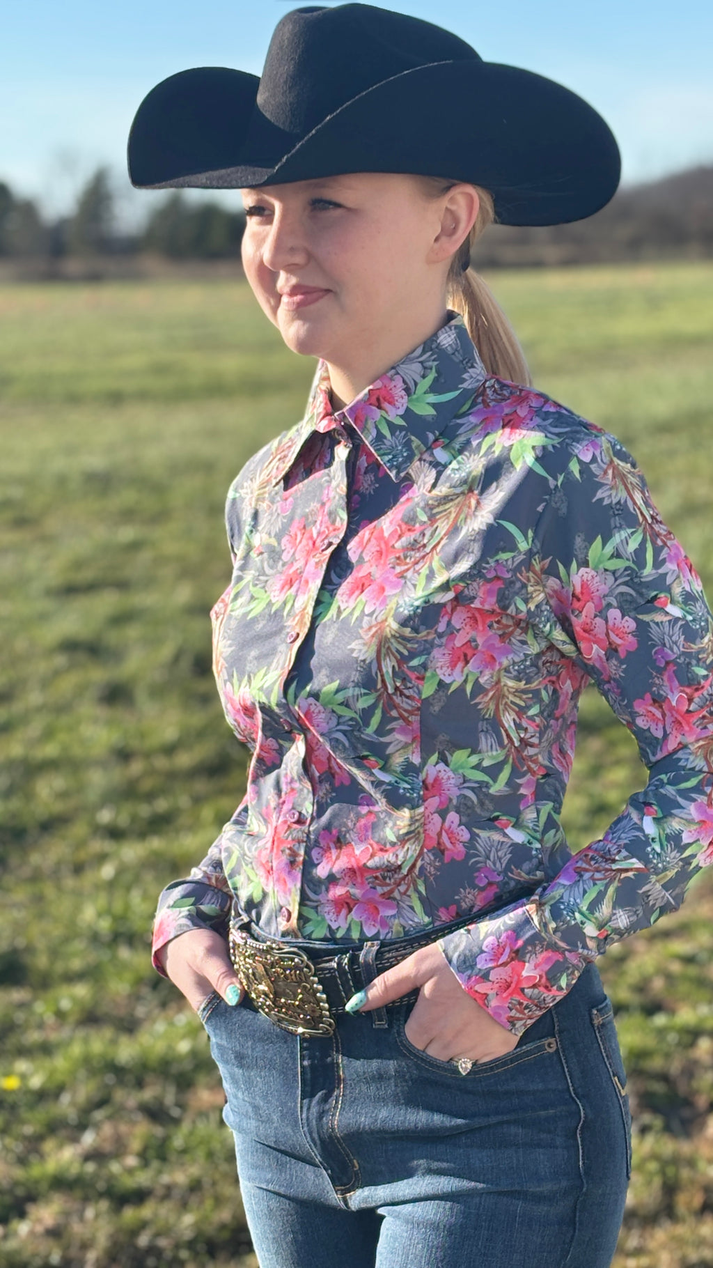 Lillies & Hummingbirds Easy Care Button Up