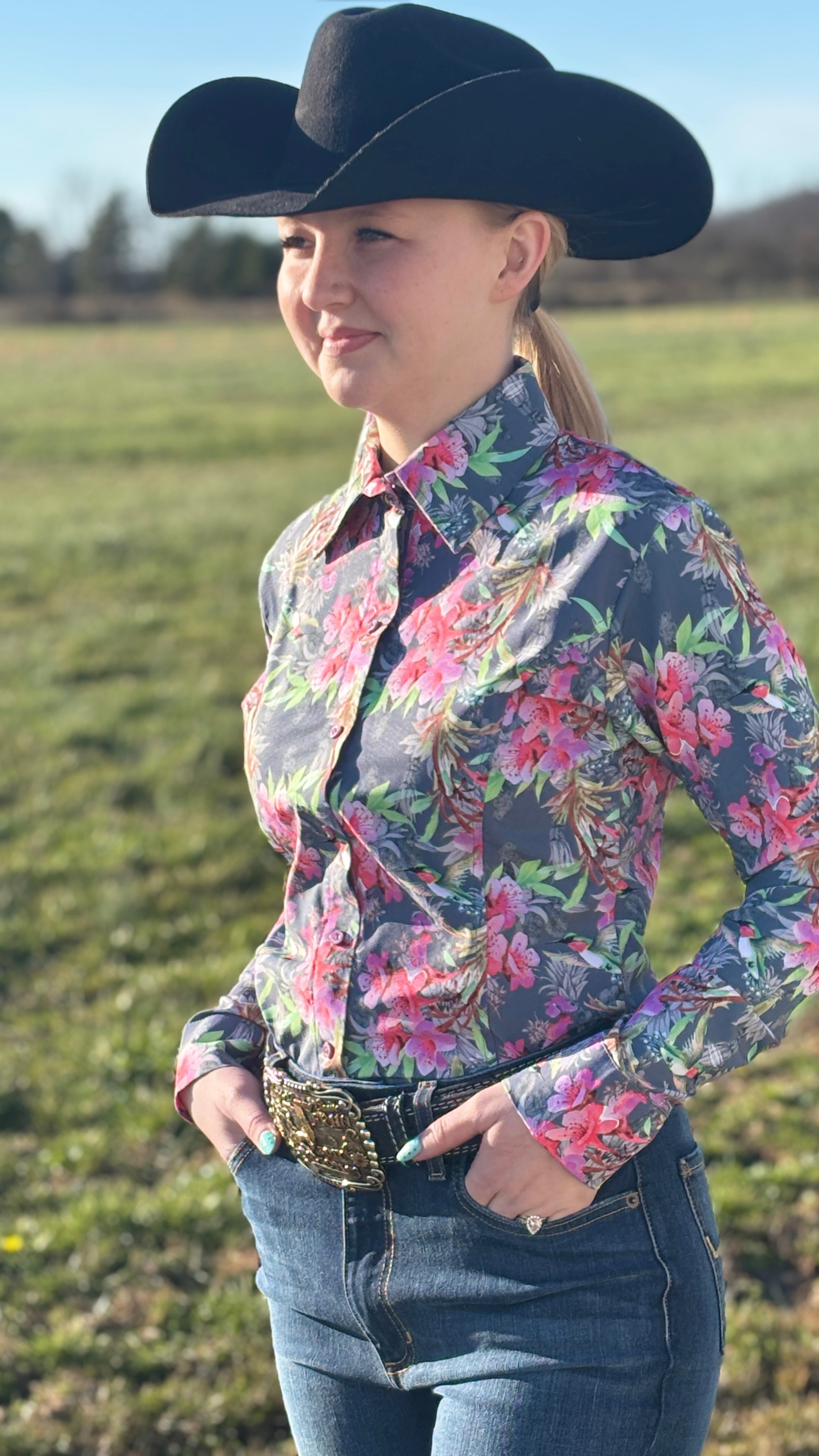 Lillies & Hummingbirds Easy Care Button Up