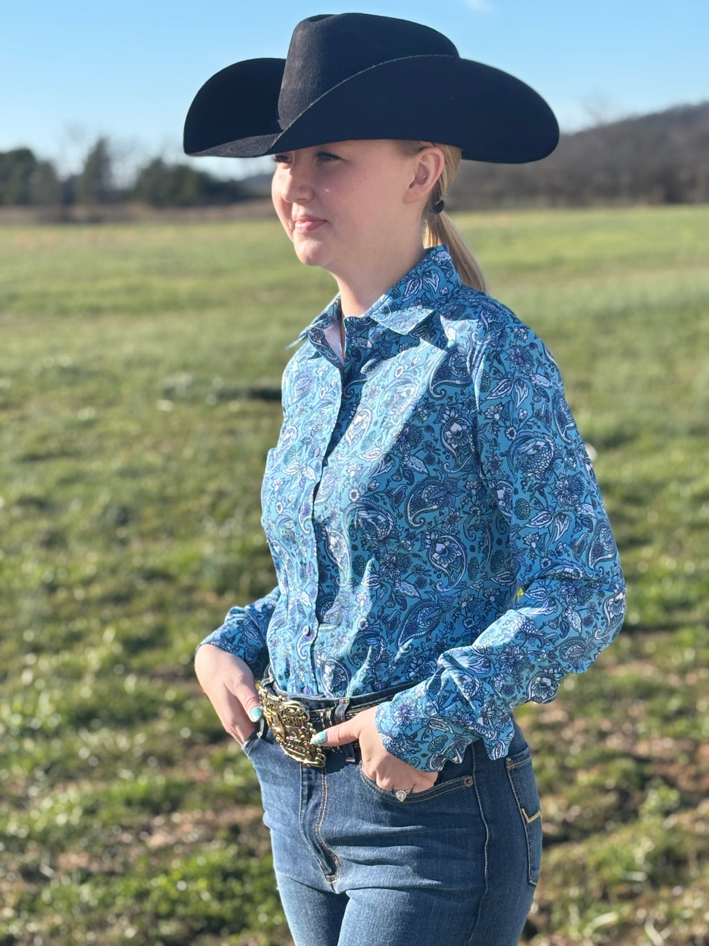 Blue Petals Easy Care Button Up
