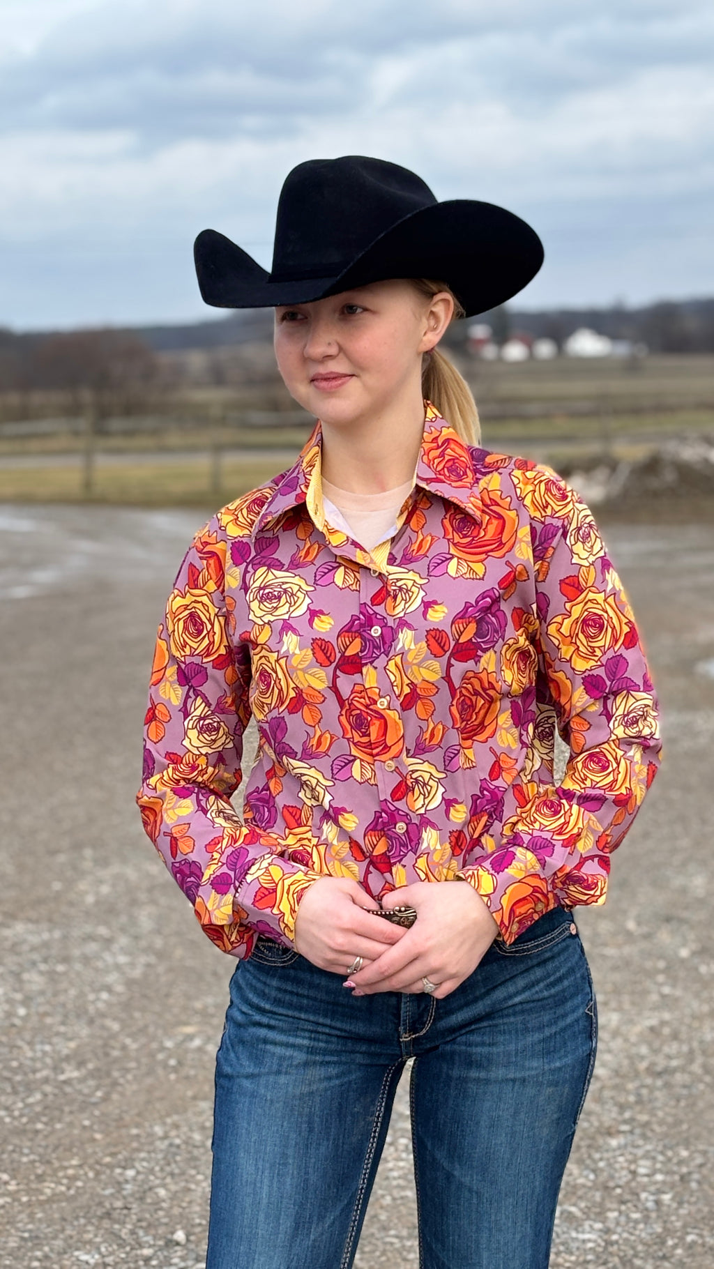 Orange Rose Print Easy Care Shirt
